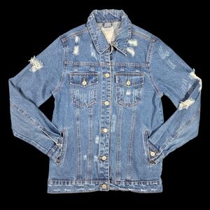 IRIS Distressed Jean Jacket Blue Denim Button-Up Indie Sleaze Womens Small